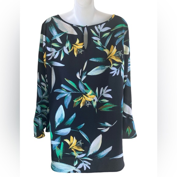 Chaus Black Multi Tropical Print Blouse 3/4 Bell Sleeve Keyhole Ladies Medium - Picture 2 of 3